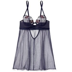 Adore Me Babydoll Chemise Mesh Lace 34B Navy Floral Sheer Lingerie Teddy Boudoir